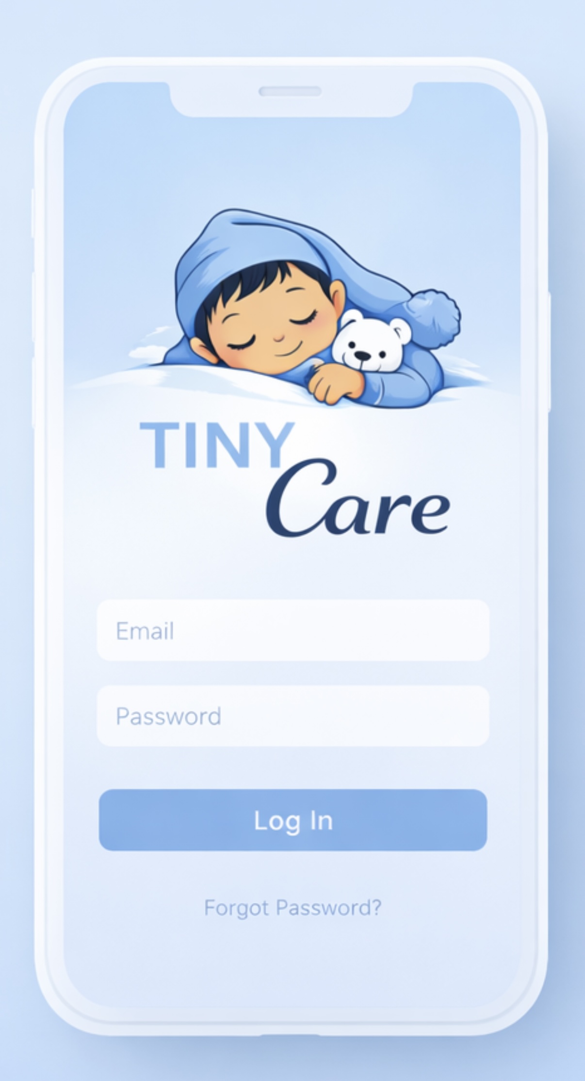 Screenshot TinyCare welcome screen with baby and login options.