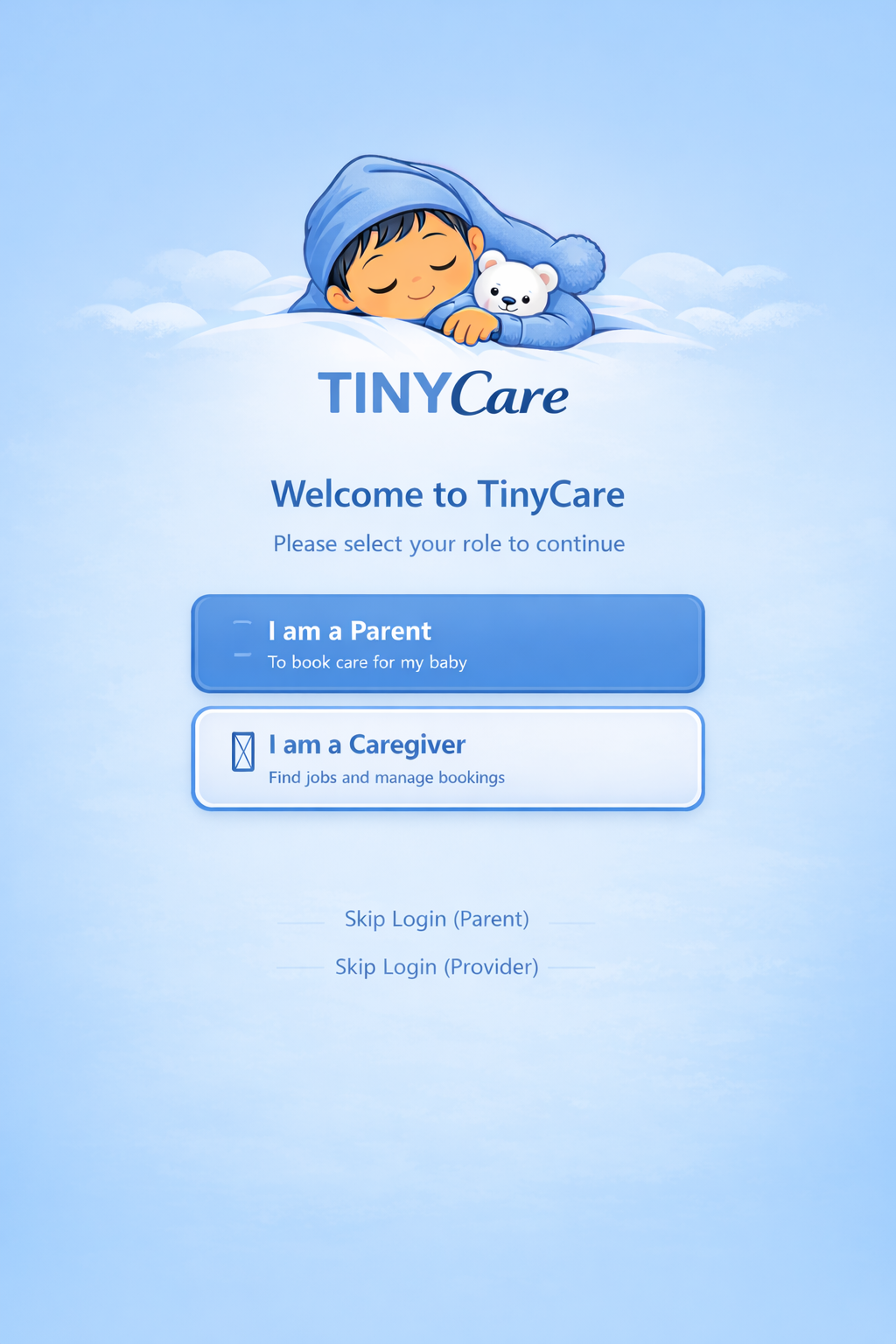 Tiny care page TinyCare welcome screen with baby and login options.